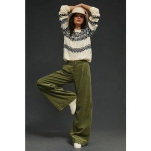 ANTHROPOLOGIE Pleated Wide Leg Corduroy Pants Green Size 31 NEW $140